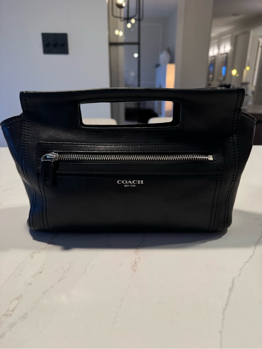 Coach Black Leather Top-Handle Zip Pocket Bag